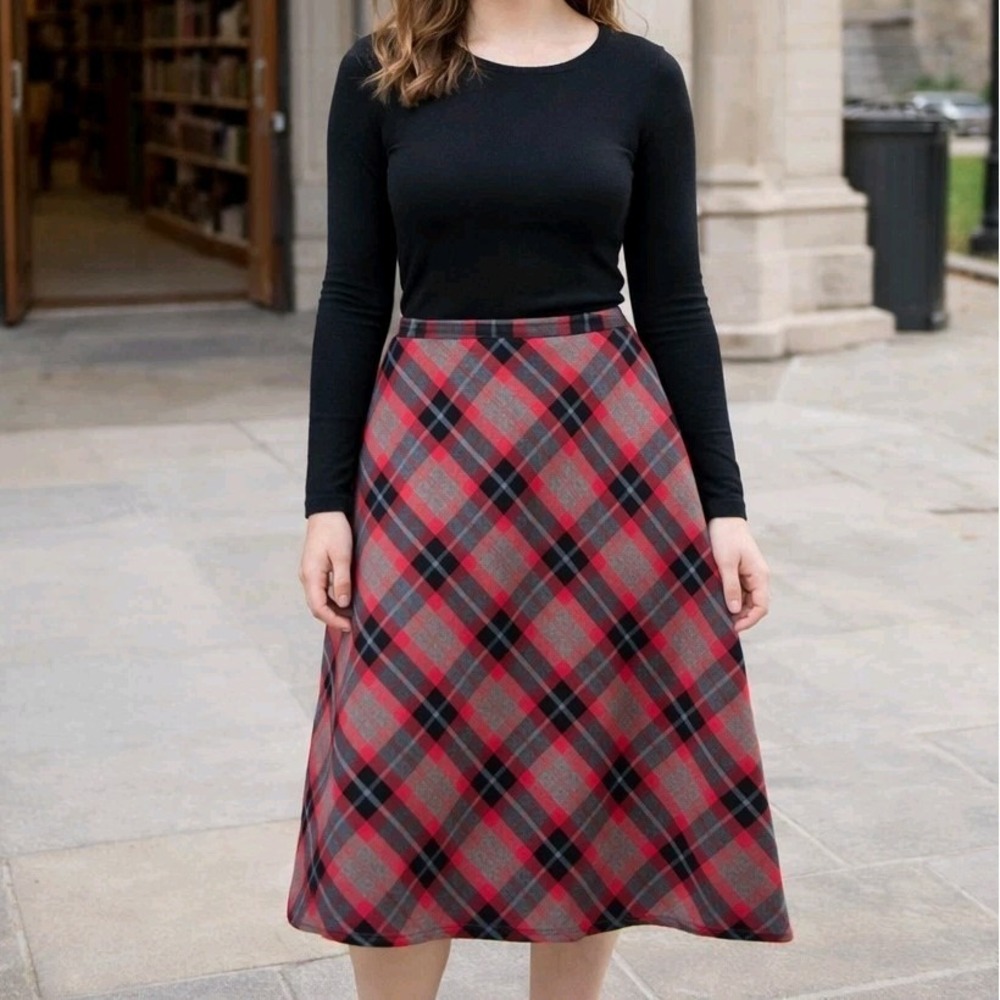 White‎ Stag Gray Red Plaid Classic Preppy Modest Cute A-Line Midi Skirt Size L